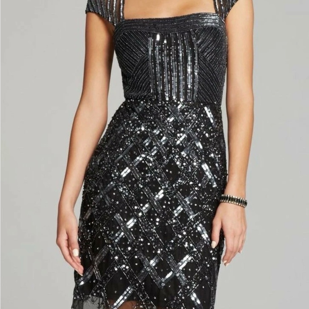 Adrianna Papell Black and Silver Sequin Mini Dress